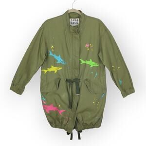 Small ZARA Basic x Maui & Sons SHARK Utility Jacket Army~Olive Embroider Paint